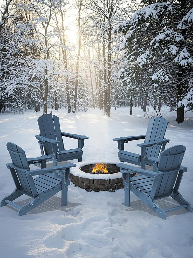 KINGYES Folding Adirondack Chair Set of 4, Dual Cup Holders & All-Weather HDPE, Wood-Like Patio Chair for Backyard, Camping, Pool & Fire Pit, Navy