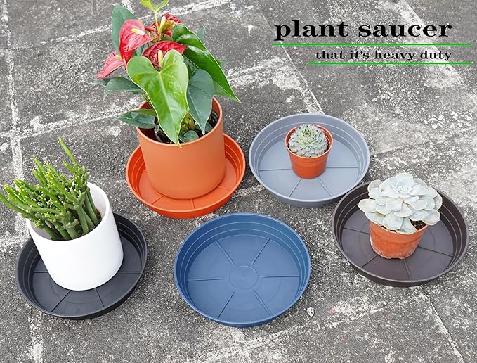 Plant Saucer 6 Inch 4 Pack 6 8 10 12 14 16 18 20 25, Plastic Plant Trays for Pots，Extra-Deep Plant Water Dray Tray, Bird Bath Bowl, Heavy Flower Plant saucers Indoors and Outdoor No Holes 6in-4 brown