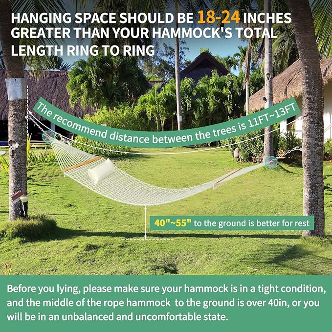 13FT Hammocks, Traditional Hand Woven Cotton Rope Hammock with Free Extension Chains for Outdoor Indoor Patio Yard 450 LSB Capacity for Two Person (Natural)