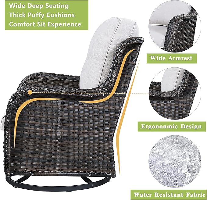 Outdoor Wicker Patio Furniture Set - 5 Piece Rattan Patio Conversation Set with 2 Rocking Swivel Chairs,2 Ottomans and 1 Sofa for Porch Deck Backyard Garden(Brown/Beige)