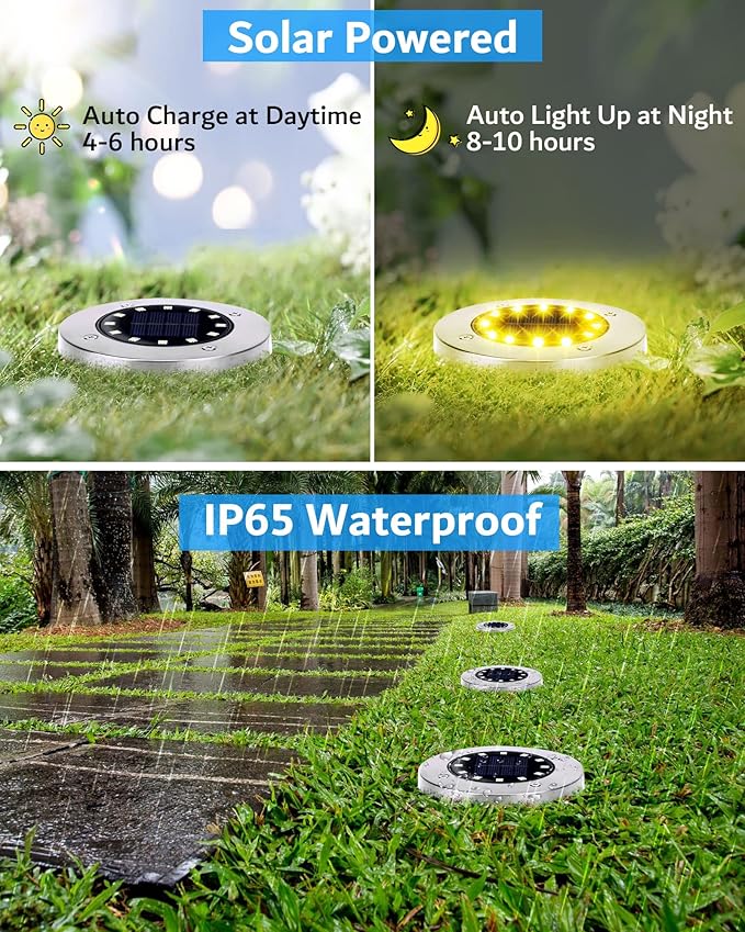 Biling Solar Outdoor Lights 12 Packs, Bright 12 LEDs Solar Ground Lights Waterproof, Flat Pathway Lights Solar Powered for Yard Walkway Garden Driveway (Warm White)