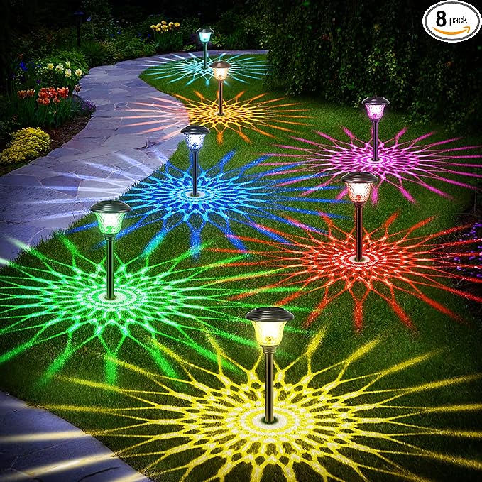 8 Pack 3 Mode Solar Pathway Lights for Outdoor Color Changing/Warm White/Bright White Waterproof Garden Stainless Steel Landscape Path Lighting Walkway Yard Lights Glass LED RGB Black