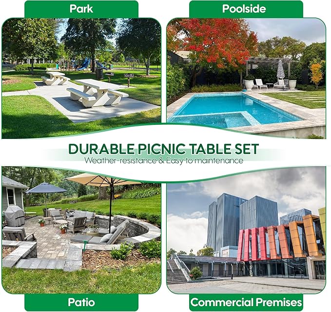 6FT Metal Picnic Tables for Outdoors, Commercial Rectangular Picnic Table and Bench Set for Outside, Patio, Garden, Backyard, Porch, Surface Mount, Grey