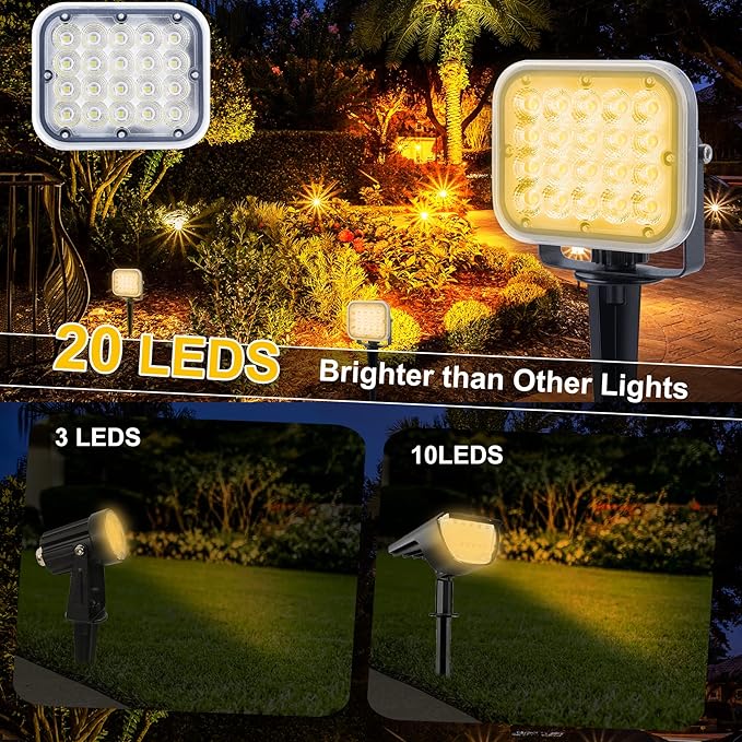 Solar Spot Lights Outdoor, 20 LED IP65 Waterproof Solar Landscape Lights, Dusk-to-Dawn 3000K Warm White Outdoor Light for Yard Garden Driveway Porch Walkway, 4-in-1