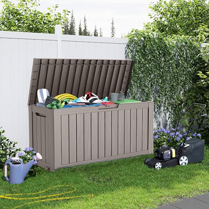 75 Gallon Resin Deck Box, Lockable Patio Outdoor Storage Box for Furniture, Garden Tools and Tools Storage, Waterproof Outside Storage Boxes - Grey