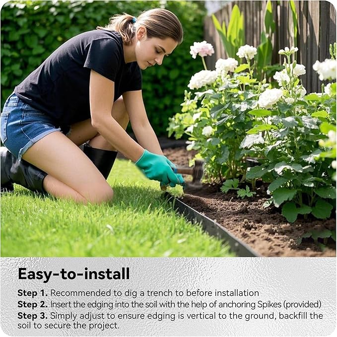 Worth Galvanized Steel Landscape Edging 10" x25' Metal Garden Edging Roll Flexible Bender Border with 8Pcs Stakes for Lawn, Flower Bed Edges, Black