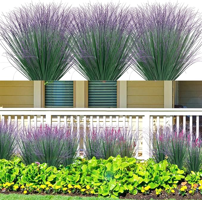 100Pcs Artificial Grass Plants, Faux Shrubs Wheat Grass, Artificial Tall Fake Plants for Outdoor Decor, Greenery Stems Weed for Room Indoor Home Decor（Green Purple Tail）