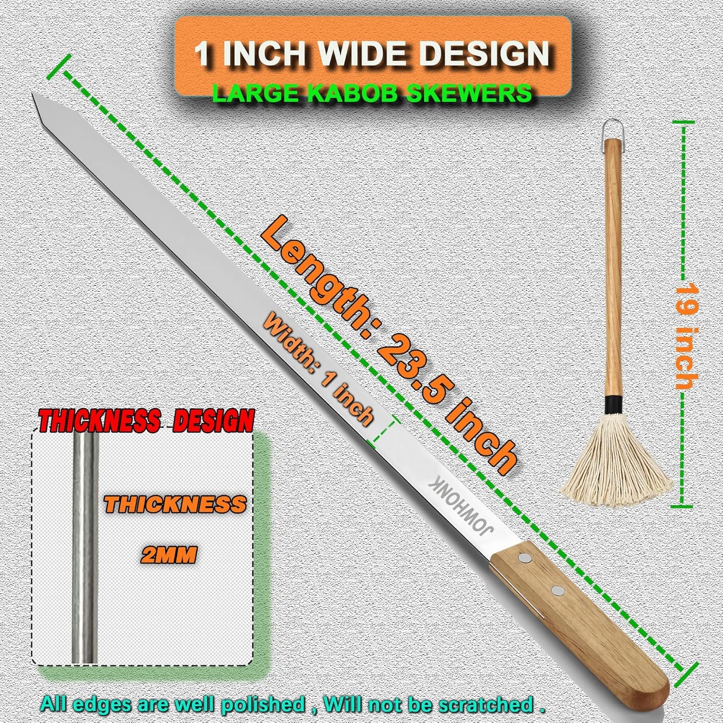 23.5" Long Kabob Skewers,1 Inch Wide 304 Stainless Steel Barbecue Skewers for Grilling with Wooden Handle,Metal Flat BBQ Skewer for Koubideh Brazilian Shish Kebab Skewer(8),BBQ Mop Brush(1)