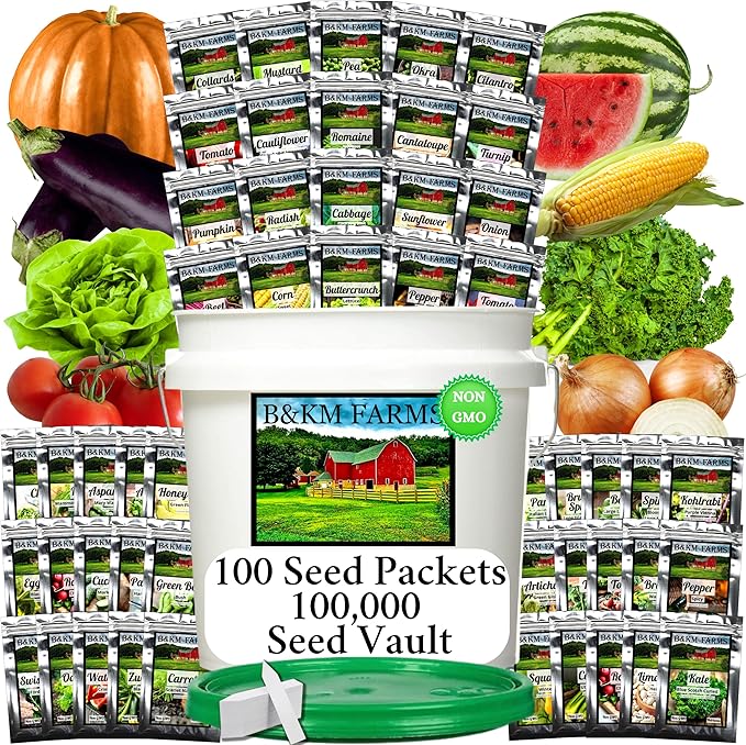 100 Seed Packets, 50 Varieties: Ultimate Seed Vault for Home Food Security & Abundant Gardens by B&KM Farms
