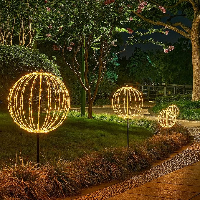LIGHTSHARE 12IN 96LED Light Ball Light Garden Yard Decoration Pathway Lights Sphere Light with Fold Flat Metal Frame Indoor Outdoor Waterproof, Plug in