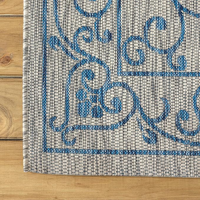 JONATHAN Y SMB106C-6R Charleston Vintage Filigree Textured Weave Gray/Navy 6' Round Indoor/Outdoor Area Rug, Pet Friendly, Non-Shedding, Stain Resistant, Easy-Cleaning for Backyard, Patio, Porch